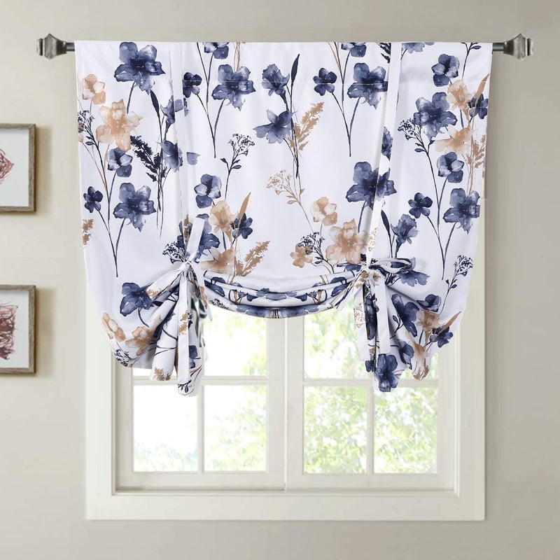 Mightree Blackout Tie Up Curtains for Windows, Three-Layer Woven Roman Curtain, Thermal Insulated Balloon Shade Rod Valance Curtain for Kitchen, Living Room, Bedroom, Blue, 42" Wx63 L - Image 1